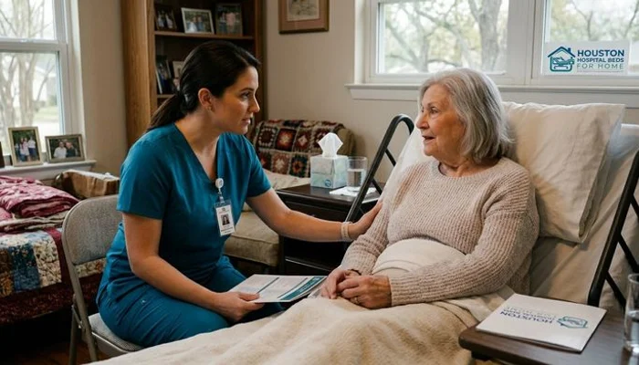 Caregiver and patient discussing hospital bed rental options in a comfortable home setting
