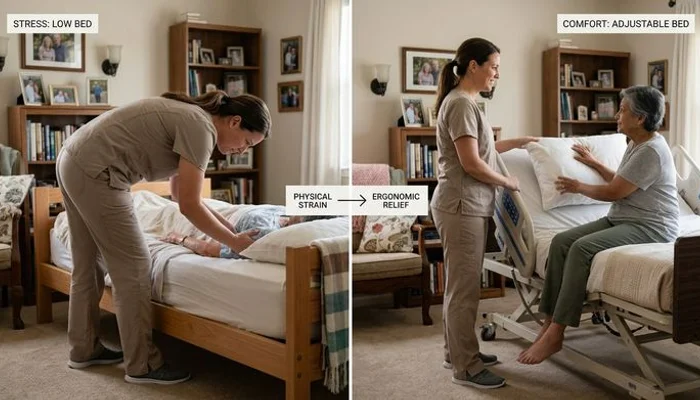 Side-by-side comparison showing caregiver working at wrong bed height versus ergonomic height
