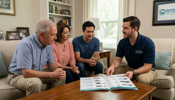 Family discussing hospital bed options with a medical equipment specialist in their home