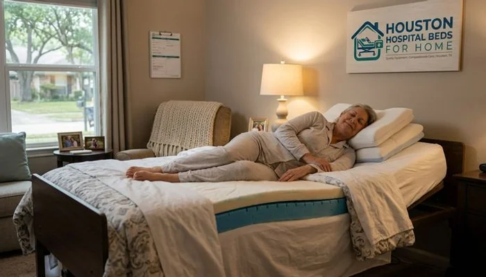 Hospital bed with gel-foam hybrid mattress showing comfortable sleeping surface in home bedroom