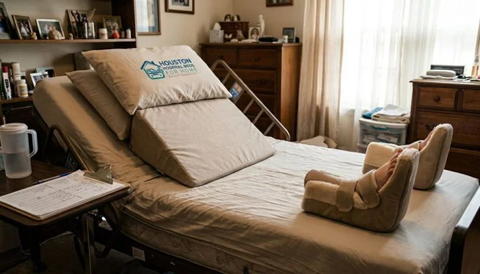 Hospital bed with positioning accessories including wedge pillow, heel elevation boots, and overbed table