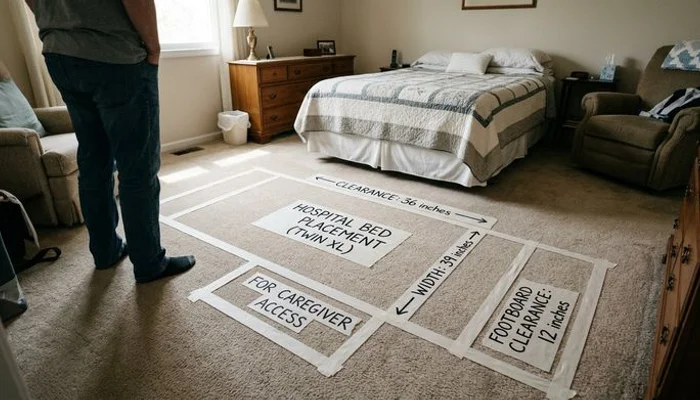 Room layout diagram showing hospital bed placement with clearance measurements for caregiver access and transfers