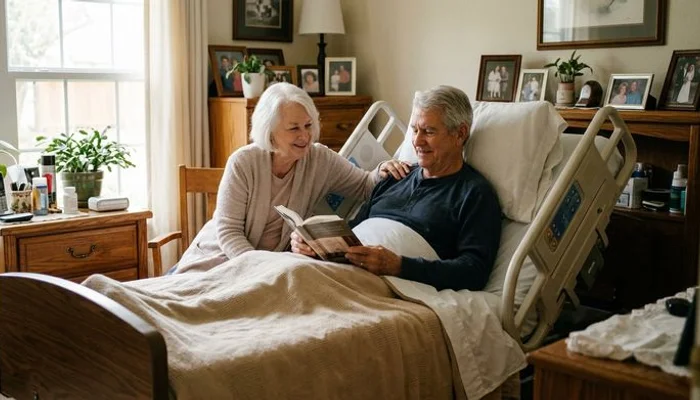 Senior couple in bedroom with adjustable bed and warm home decor